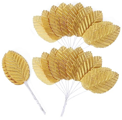 MWOOT 200 Pièces Feuille Artificielle de Rose Artisanales, Fausses Feuilles de Soie, Faux Feuille Unique pour Gâteau Bouquet Centres Table Mariage Fête Décorations(Or)