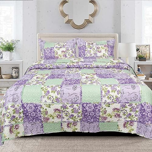 B&B Bedspread Bedding Double Bed New Printed Patchwork 3 Piece Bedspread Set Comforter Throw Set - Decorative Bedroom Accessories BLOSSOM ROSE (Des 4)