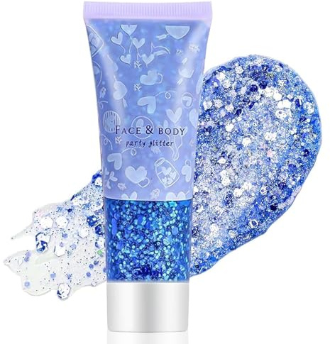 Ceboic Body Glitter gel, 50 ml festival glitter ansikte kropp glitter paljetter för ansikte hår läppar naglar smink sjöjungfru paljetter flytande ögonskugga långvarig gnistrande (blå)