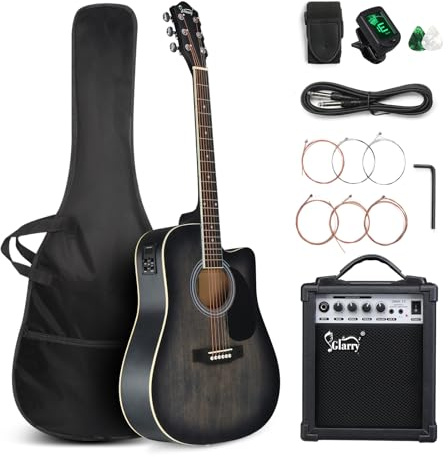 GLARRY Full Size 6 Strings Acoustic Electric Guitar Beginner Kit w/ 15W Amp, Cutaway 41 Inch Electric Acoustic Guitar w/Inbuilt Tuner, Bag, Strap, Picks, Strings, Basswood Guitarra, Distressed Black
