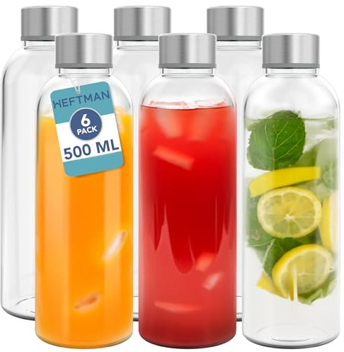 HEFTMAN Botellas de vidrio con tapas, paquete de 6 botellas de agua vacías de vidrio de 500 ml, herméticas, a prueba de fugas, tapas de acero inoxidable, agua, batidos, botellas de jugo para el