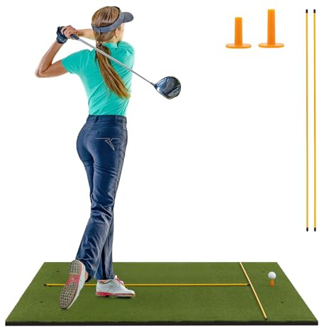 Goplus Golf Mat, 5x3ft/5x4ft Golf Hitting Mat 20/25/27/32mm Thick w/2 Alignment Sticks & 2 Golf Tees, Portable Artificial Turf Grass Training Mat Practice for Indoor Outdoor(5 FT x 3 FT, 20mm)