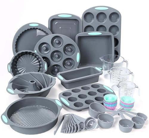 Tongjude 54 pezzi Set di teglie in silicone, 10 stampi per torte in silicone, teglie per pagnotte e muffin, coppa da forno antiaderente, con set di misurini e cucchiai, grigio