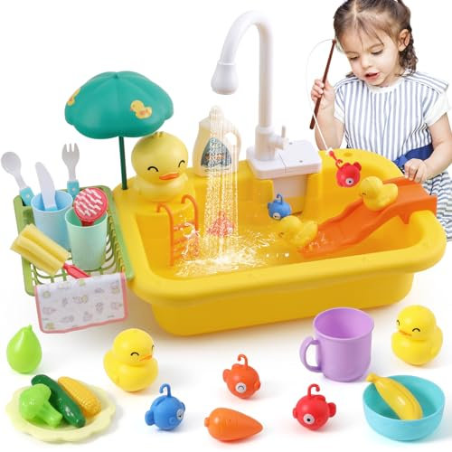 FRUSE Küchenspüle Spielzeug Set,kinderwaschbecken mit Elektrischen Wasserhahn,Kinder Küchenset, Angelspielzeug Rollenspiel Spielzeug für Kinder Jungen Mädchen ab 3 Jahre(Gelb)