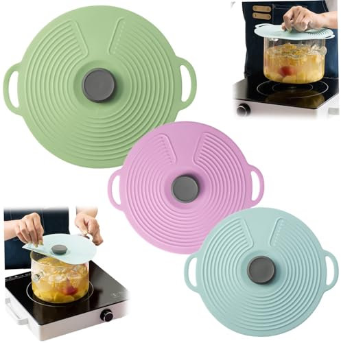 3 Coperchi in Silicone per Pentole e Padelle, 32 cm, 23 cm, per Uso Alimentare, con Manico, Riutilizzabili, con Chiusura a Ventosa