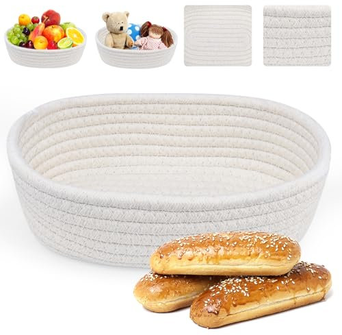 Kleemeiero Brötchenkorb Brotkorb Geflochten Aufbewahrungskorb Geflochten Baumwollseil Brotkörbchen Klein Brötchen Korb Deko Oval 26cm Ø Brotschale Frühstück Flechtkorb zum Servieren von Gebäck-Beige