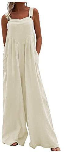 Azruma Hosenanzug Damen Festlich Hochzeit, Yoga Set Damen Anzug Frauen Sommer Ärmelloser Weite Bein Jumpsuit Mit Tasche Lässig Einfarbig Riemchen Overall Sexy Outfit Maleroverall Einweg(2-Beige,XXL)