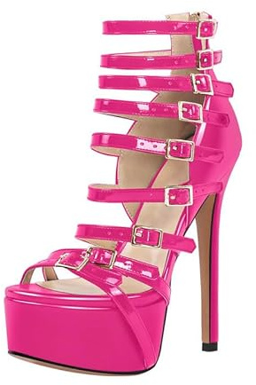 blingqueen Platform Sandals with Zippers Adjustable Buckles Sky High Heels Pumps Slippers Pink Stiletto Heels Sandals Dressy Zip Up Ankle Wrap Gladiator Bridal Office Shoes Size 11