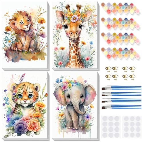 Lxmsja 4 Pack Animales Pintar por Numeros Adultos con Marco, DIY Cuadros para Colorear por Números León Jirafa Tigre Elefante, Pintura Acrilica Manualidades Adultos Decoracion Hogar Pared 20x30cm