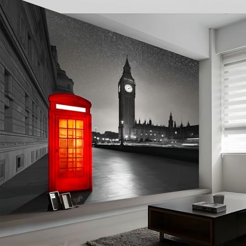 3D Effect Photo Wallpaper Surrealism London Red Telephone Booth, Panoramic Custom Light Gray Photo Wallpaper Wall Mural - Poster Decoration for Bedroom Living Room Corridor 118 x 83 inch (W x H)