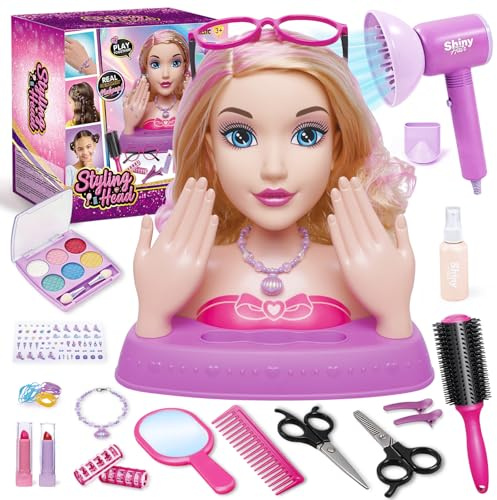 10.5 Hair Styling Doll Head for Girls – Kids Makeup & Hair Salon Playset with Washable Makeup, Toy Hair Dryer & 20+ Accessories, Pretend Beauty Styling Head, Birthday Gift for Girls Ages 3-10