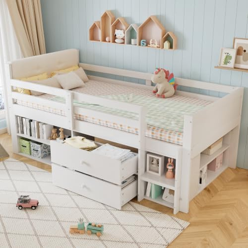 Merax Children's Mid Sleeper Cabin Bed Frame, Kids Single Bed with Storage, Wooden Storage Bed with 2 Drawers&Storage Shelves&Upholstered Velvet Headboard&Stairs&Safety Guardrail, White, 90x190 cm