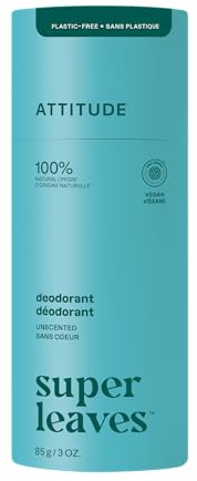 ATTITUDE Plastic-Free Deodorant, EWG Verified, Aluminum Free, Vegan Naturally Sourced Body Deodorants for Women & Men, Dermatologically Tested, Unscented, 85 grams