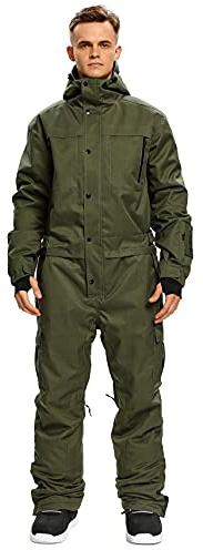 SNBOCON Mens One Piece Ski Suit Colorful Jumpsuits Snowboard Snowsuits Winter Outdoor Waterproof Hooded Warm Jackets for Snow Sports(L,Green)