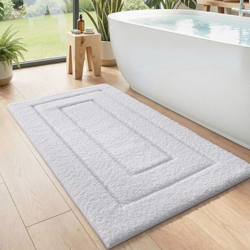 DEXI Bathroom Rug 43x24, Non Slip Washable Bath Mat for Shower Floor, Extra Large Absorbent Soft Bathmat with Rubber Backing, Quick Dry Microfiber Carpet, White