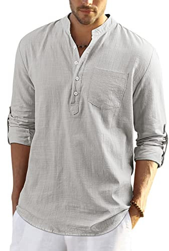 Enlision Leinenhemd Herren Langarm Leichtes Grau Henley Sommerhemd für Männer Baumwolle Kragenloses Hemd für Geschäft XL