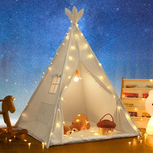 LIONHERZ® DAS ORIGINAL Tipi Zelt für Kinder aus 100% Baumwolle mit Matte, Stabilisator, Federdeko & Tasche [Stabil] Spielzelt Kinderzimmer | Indoor Kinderzelt| Spielhöhle Tippi Zelt (Reinweiß)