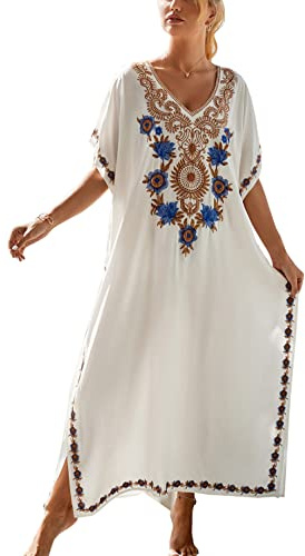 YouKD Vestido de caftán bordado, estilo bohemio, para playa, salida de baño para mujer, talla grande, B White, Talla única