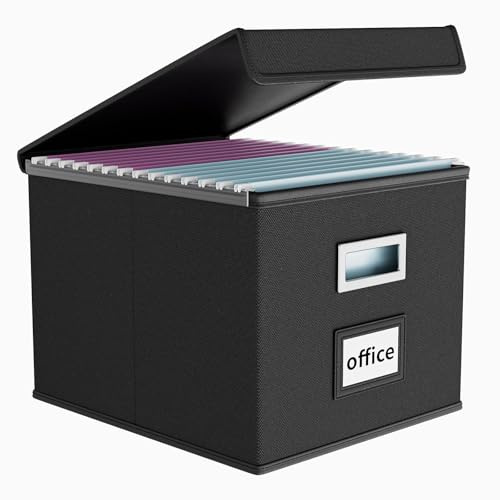 Finew Upgraded Portable File Organiser Box with Lid, Foldable Linen Hanging Filing Storage Boxes with Plastic Slide, Decorative Home/Office Filing System for File and Folders Storage (Black)