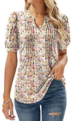 EFFAN Womens Summer Tops Casual V Neck Pleated Puff Short Sleeve T Shirts Flower Print Tunic Blouse Floral White L (UK 16-18)