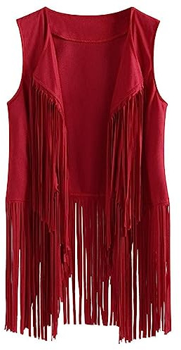 Yurosiay Chaqueta de mujer estilo étnico con flecos de ante sintético, estilo chaleco, chaqueta de mujer con flecos, estilo cowboy vintage, mangas largas, chaqueta de flecos, chaqueta de motociclista