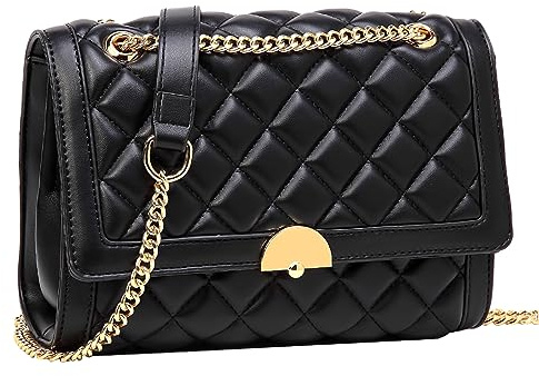 Kasgo Petit Sac Bandoulière Femme, Élégant Pochette Femme en Cuir PU Matelassé Compact Sac Porté Épaule Fille Sac à Chaîne pour Soirée Mariage Voyage Quotidien Noir