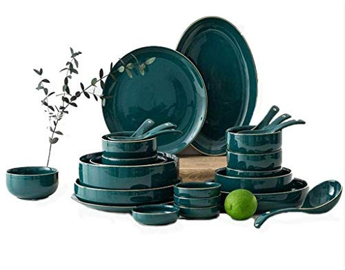 Juego De Vajilla, Juego De Vajilla Dorada Verde De 32 Piezas Phnom Penh Cerámica Juegos De Cena Servicio De Combinación De Porcelana Para Banquetes