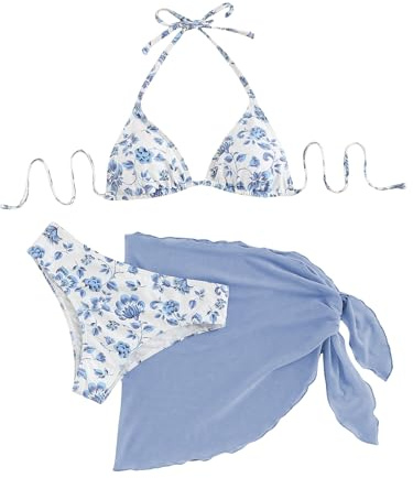 SHENHE Women's 3 Piece Polka Dots Floral Bikini Set with Wrap Coverup Halter Triangle Swimsuits Blue W Small
