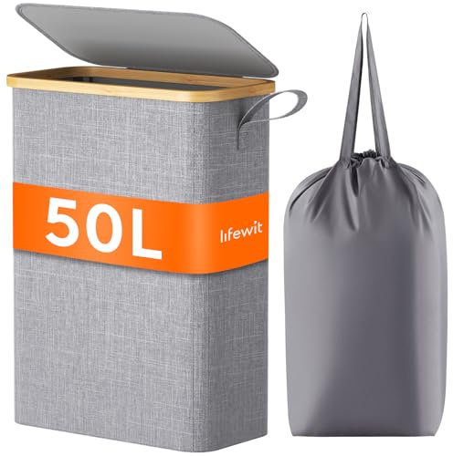 Lifewit 50L Slim Laundry Hamper with Lid, Narrow Laundry Basket with Removable Bag & Bamboo Handles, Fodable Thin Dirty Clothes Hamper for Laundry Collapsible Bin for Bathroom Bedroom Dorm, Gray
