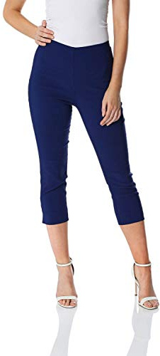Roman Cropped Trousers for Women UK Ladies Capri Leggings Summer Pants Short Crop Stretch 3/4 Length Three Quarter Pedal Pusher Clothes Elasticated Bengaline Cut Off - Petite Midnight Blue - Size 8
