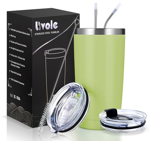 Livole 600 ml rostfritt stål vinkopp, termosmugg kaffe to go, Coffee to go mugg med lock och sugrör, ljusgrön