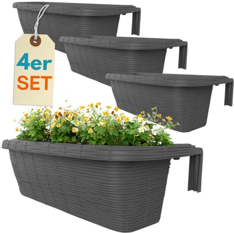 GarPet 4er Set Blumenkasten Balkongeländer Balkon Blumenkasten Balkonkasten mit Halterung Geländerkasten mit Wasserspeicher Rattan Optik Anthrazit 60 cm