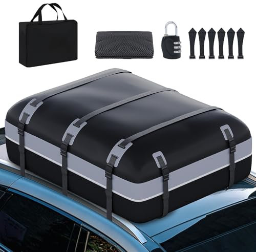 MIDIBIDIBK Auto Dachbox 21 Kubikfuß Faltbare WasserdichtDachbox Taschen mit Rutschfester Matte Aufbewahrungsbox Dachtasche mit/ohne Gepäckträger Dachbox für Autos, Vans, SUV 1000D（Grau/Schwarz）