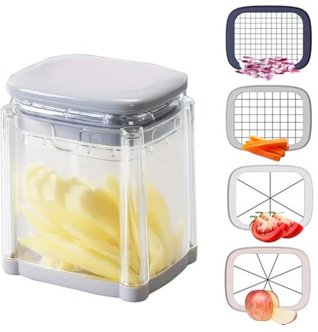 4 in 1 Taglia Patate con Lame Acciaio Inox, Taglierina Patatine Fritte, Taglia Patate Bastoncino, Affettatrice Manuale, Tagliaverdure Cubetti, Tagliapatate per Frutta, Verdure, Fragole, Uova, Carote