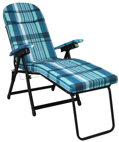 Marvin Poltrona Sdraio da Giardino con Poggiapiedi Barbara, Sdraio Reclinabile Regolabile, Sedia Sdraio Cuscino Imbottito 7 cm Braccioli Relax per Interno o Esterno (Azzurro Scozzese)