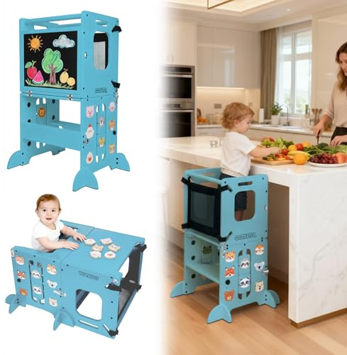 Coozyupper Toddler Kitchen Stool Helper, CPC Certified Foldable Toddler Tower, Learning Wooden Tower with Support Feet and Chalkboard, Anti-Drop Structure, Safe Design for Kids, Blue