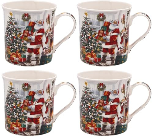 La Collection Leonardo Ensemble de 4 tasses de Noël | Tasses de café en porcelaine fine réutilisables pour la cuisine et la maison | Tasses à thé imprimées durables pour toutes les occasions | Tasse