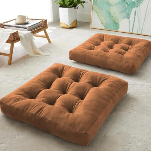 DAWNTREES Floor Pillow Set of 2,Square Large Pillows Seating for Adults, 55x55x10 cm Gray Tufted Corduroy Cushions for Outdoor Yoga Tatami Fireplace Living Room,Brown