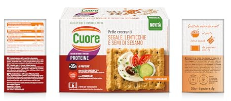 Cuore - Fette Croccanti, Segale, Lenticchie, Semi di Sesamo. Cotte al Forno, 240g (6 Monoporzioni). Ricche di Fibre e Fonte di Proteine, con Olio Cuore e Vitamina B1.