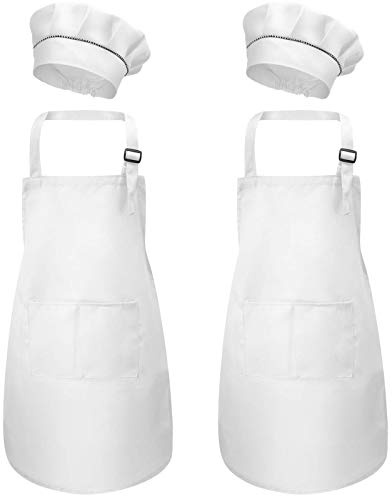 4 Pezzi Bianco Bambini Grembiule e Cappello da Cuoco Set, Regolabile Bambino Grembiuli con Tasche per Ragazze Ragazzi, Bambina Grembiule da Cucina Chef per Pittura Cottura Cucinare (M per 3-6 Anni)