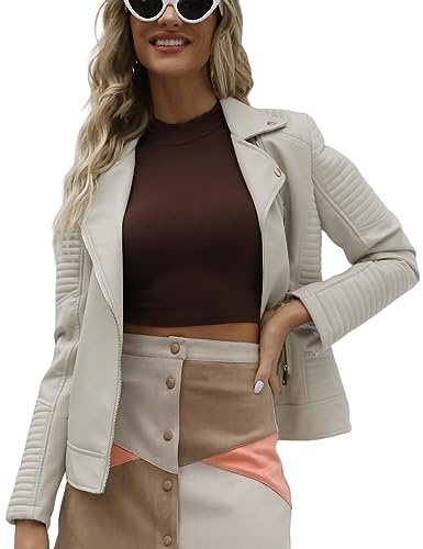 Giolshon Chaqueta de Cuero Sintético para Mujer Abrigo Corto de Motociclista de Otoño Elegantes g53 Beige M