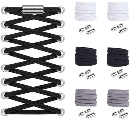 Widamin 6 Paar elastische Schnürsenkel mit Metallverschluss No Tie Shoelaces, Faule Schnürsenkel Ohne Binden für Kinder und Erwachsene(Schwarz+Weiß+Grau)