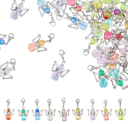 SUPERFINDINGS 36pcs 9 Colors Guardian Angel Charms Colorful Fairy Dangle Pendants Acrylic Angel Wing Charms with Lobster Clasps for DIY Jewelry Making Findings Crafts Supplies