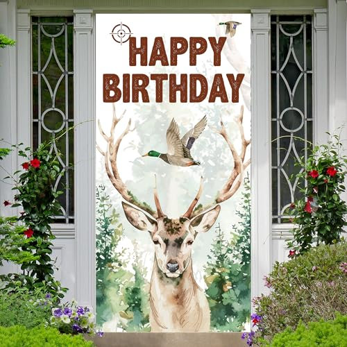 Jagd-Happy Birthday-Banner, Hintergrund, Wald, Wildnis, Hirsch, Jagd, Camouflage, Dekoration für Jäger, Jungen, Männer, Geburtstagsparty, Geschenke, Dekorationen, Zubehör, 89,9 x 184,9 cm BECKTEN