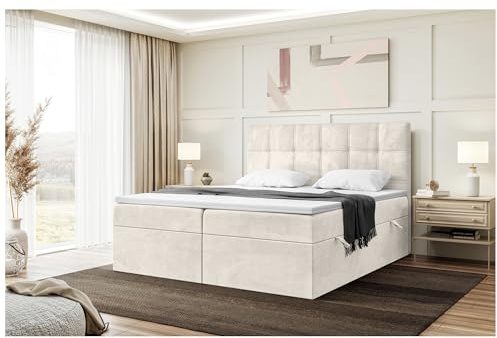 MEBLINI Boxspringbett mit Bettkasten - Gepolstert Doppelbett mit Matratze und Topper - Polsterbett mit Stauraum - Bett mit Kopfteil - Kai - 200x200 - H3/Creme Samt