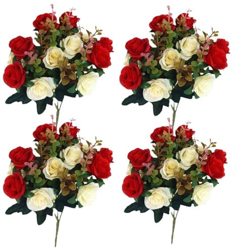 Hperu 4 Bündel Friedhofsblumen für Grab, rote Friedhofsblumen für Grab, falsche Rosen künstliche Blumen für Gräber 12 Blumenköpfe Seidengedenkblüten für Grabvase, künstliche Blumen 11.8