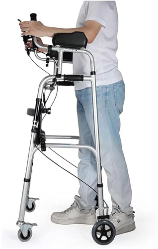 LSRFXF Ayuda para la Movilidad Caminando con Frenos, Andador Vertical Plegable con Asiento, Andador Vertical de Rehabilitación Ajustable en Altura para Adultos Mayores Discapacitados