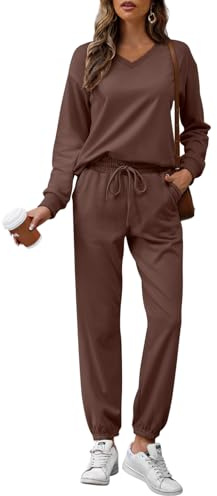 REORIA Women Cotton Lounge Wear Sets V Neck Tracksuit Set Long Sleeve Two Piece Outfit Solid Color Co Ord Sets Coffee L
