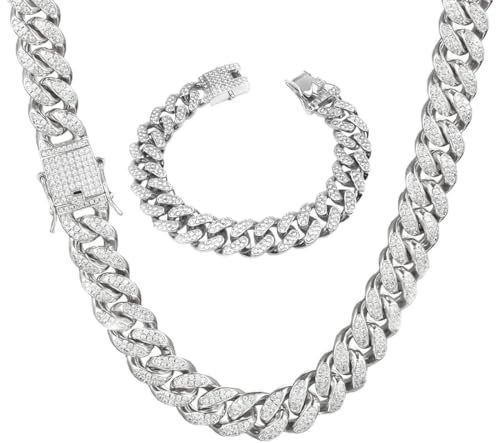 MIRKUZI Kette Herren Cuban Link Miami Choker Halskette Armband Set Hip Hop Schmuck für Jungen Männer Bling Bling Diamant Kette (Silber)