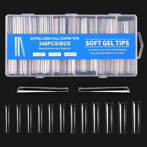240Pcs Clear Acrylic Nail Tips - Extra Long Straight Square False Nails, 12 Sizes Full Cover Nail Extensions​ 3XL Size Salon Art Home DIY Kit